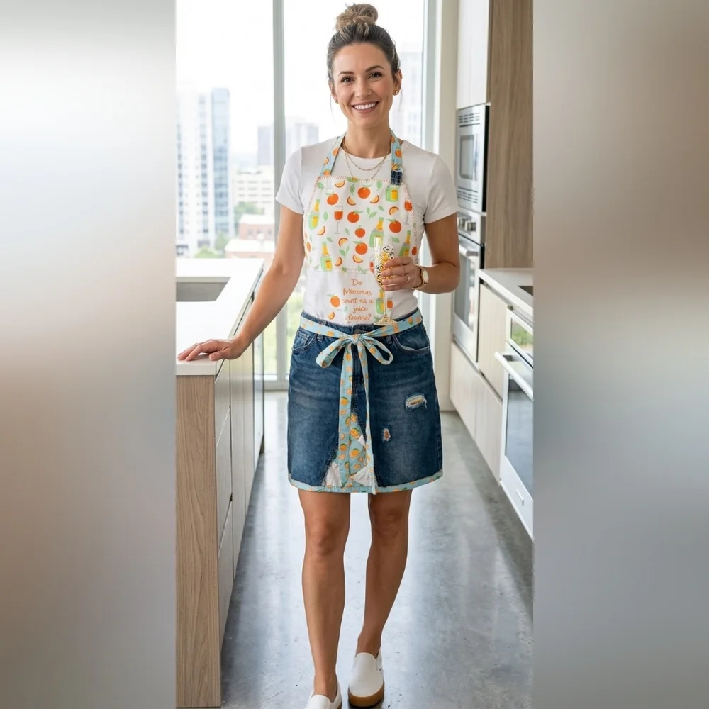 Upcycled Apron Juice Cleans Oranges & Champagne Mimosa  Blue Denim Jeans